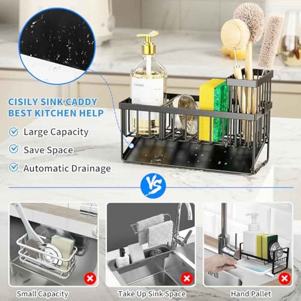 Cisily sink caddy sponge holder with stainless steel self-drain tray and brush holder for kitchen sink organization