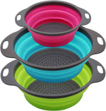 Qimh Collapsible Colander Set of 3 Round Silicone Kitchen Strainer Set - 2 pcs 4 Quart and 1 pcs 2 Quart- Perfect for Draining Pasta, Vegetable and fruit (green,blue, purple)