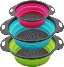 Qimh Collapsible Colander Set of 3 Round Silicone Kitchen Strainer Set - 2 pcs 4 Quart and 1 pcs 2 Quart- Perfect for Draining Pasta, Vegetable and fruit (green,blue, purple)
