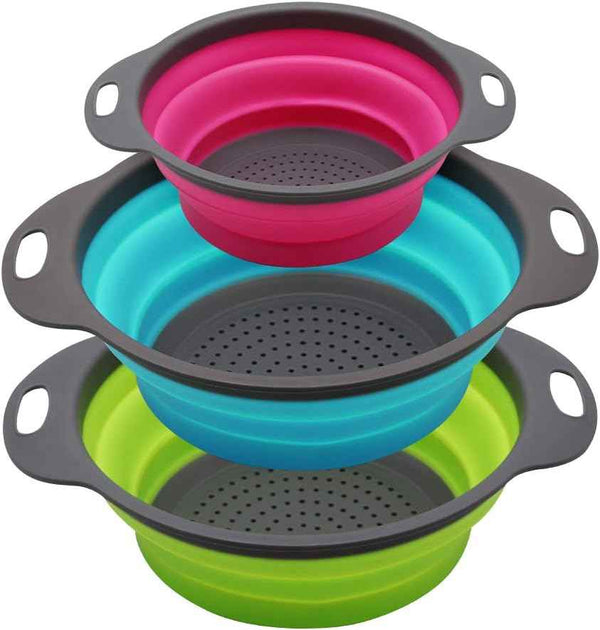 Qimh Collapsible Colander Set, 3-Piece Round Silicone Kitchen Strainer, 4-Quart & 2-Quart