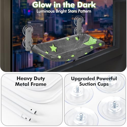 Cat Window Perch with sturdy metal frame, glowing stars pattern, and foldable design for indoor cats (Stars - M)