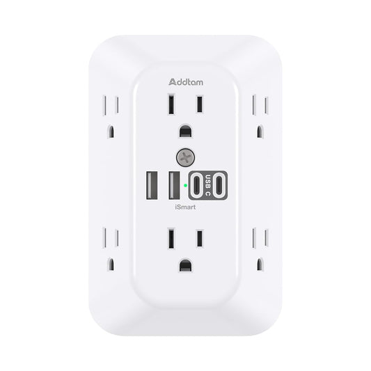 Addtam Surge Protector Outlet Extender, 6-Outlet Splitter with 4 USB Wall Charger(2 USB-C Ports), Multi Plug Wall Outlet 1800J Power Strip for Home Office Dorm Room Essentials