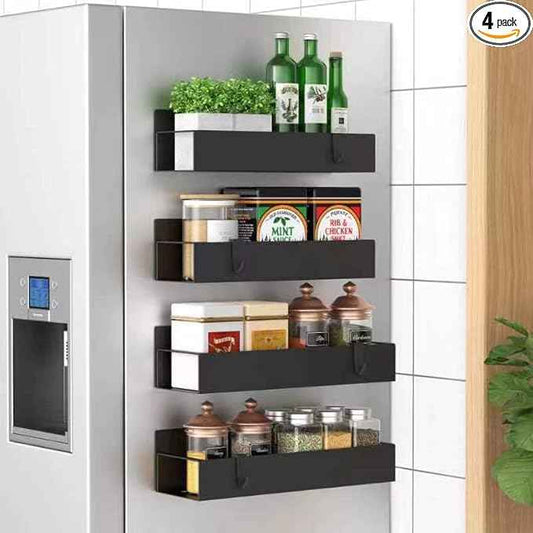 Metal 4 Pack Magnetic Spice Storage Rack Organizer for Refrigerator and Oven, Black Fridge Organizers and Storage