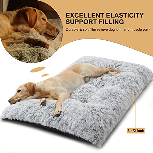 BFPETHOME grey plush dog crate bed for large dogs, fluffy cozy kennel pad with anti-slip bottom, washable pet mat