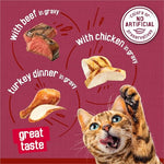 purina friskies gravy wet cat food variety pack, 24-count, 5.5 oz cans, real beef, chicken, or turkey