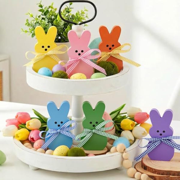 Easter Decorations for Home, 6 Pcs Wooden Bunny Table Decorations Signs with DIY Ribbons, Indoor Spring Easter Decor for Office Bedroom Kitchen Tiered Tray Mantel Shelf, 4.28 Inch