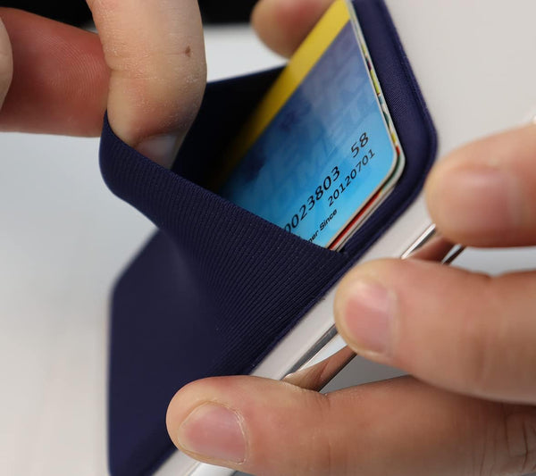 Cell phone card holder with stretchy fabric and self-adhesive sticker for back of phone