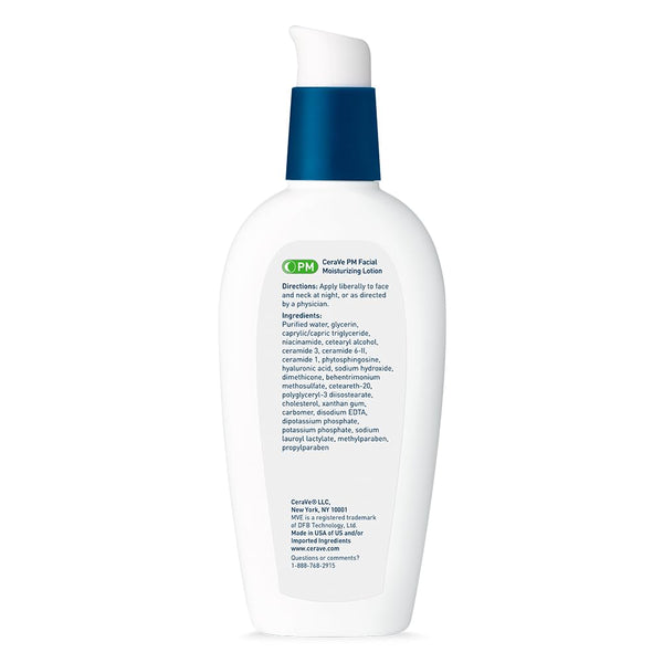 cerave pm facial moisturizing lotion, 3 ounce, night cream with hyaluronic acid and niacinamide, oil-free