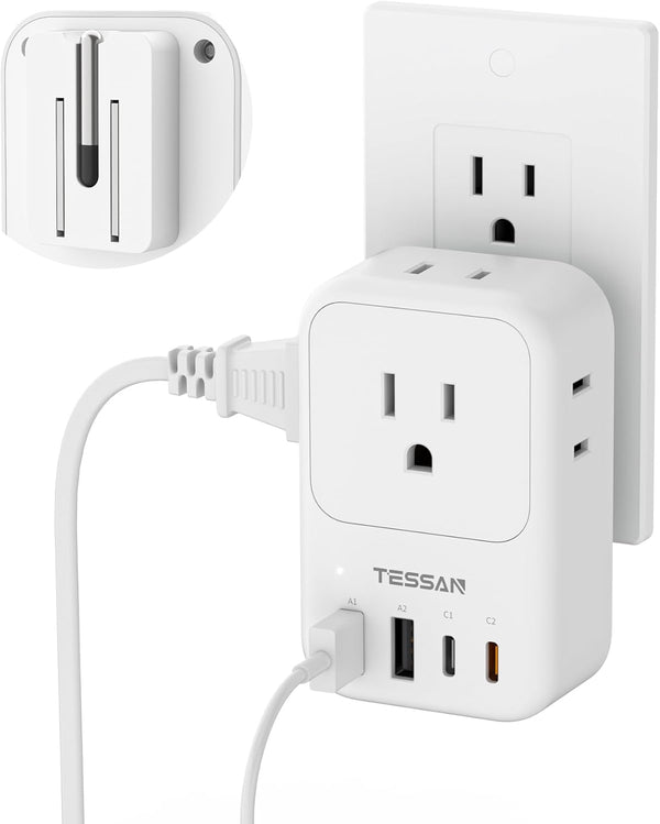 TESSAN USB C Charger Block 20W PD, Fast Charging Adapter with Foldable Plug, 1875W Power Outlet Extender(4 AC and 4 USB) for Cruise, Home, Office, Dorm Room Essentials, Grey