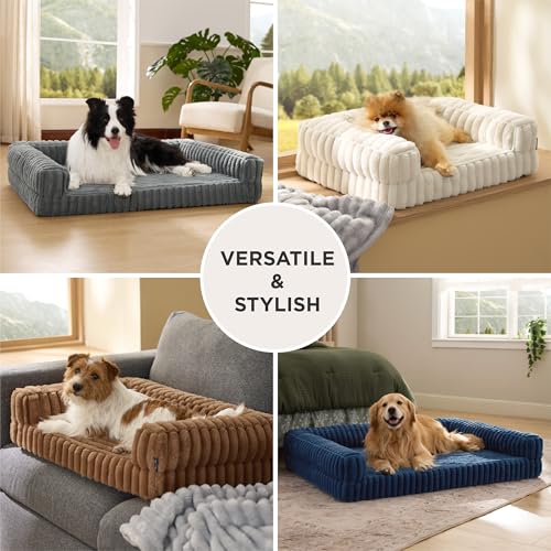 Bedsure ComfyFleece Orthopedic Dog Beds Large Sized Dog, Waterproof Memory Foam Pet Couch Sofa with Sides, Non-Slip Bottom and Egg-Crate Foam Large Pet Bed with Washable Corduroy Cover, Grey