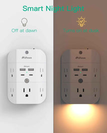 Surge Protector Outlet Extender - with Night Light, 5-Outlet Splitter and 4 USB Ports (2 USB C Charger), Multi Plug Outlet for Home, Dorm Room Essentials