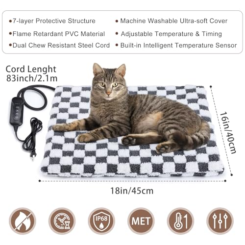 MIXJOY 18''x16'' Small Heated Cat Bed with 11 Adjustable Temperature and Timer, Electric Pet Heating Pad for Cats and Dogs