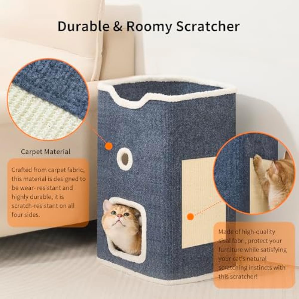 Cat House, Cat Beds for Indoor Cats, 2-Story Cat Condo Cube with Scratch Pad and Fluffy Ball Hanging, Multi-Level Cozy Hideout Ideal for Multiple Cats