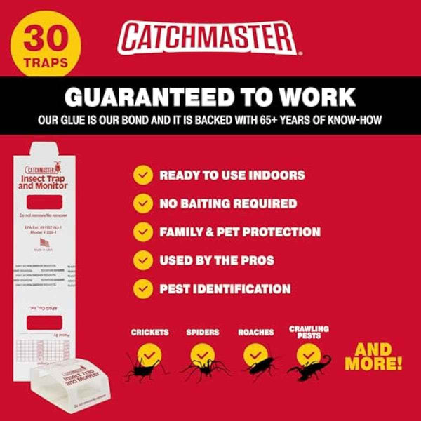Catchmaster Spider & Insect Glue Traps 30-Pk (10 Sheets), Adhesive Cockroach Killer Glue Boards, Spider Traps, Cricket Sticky Trap, Indoor Roach Trap for Home, Garage & Shed, Pest Control for Home