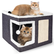 Large Dark Grey cat house with scratch pad and fluffy ball, foldable cat condo hideaway with reversible cushion for multi small pets