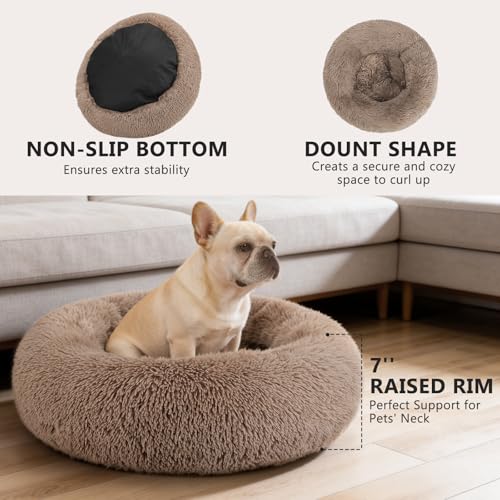 MIXJOY 23'' Brown Orthopedic Dog Bed with Faux Shag Fur, Ultra Soft and Washable Pet Cushion