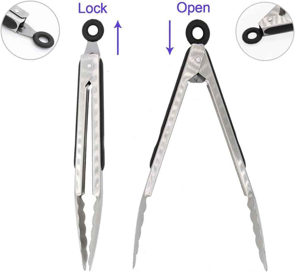 304 Stainless Steel Tongs, 9" and 12" Set, Sturdy Grilling and Barbeque Tongs with Ergonomic Grip, Black