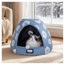 balance 2-in-1 cat bed cave with anti-slip bottom and ultra-soft plush blue 19 inches