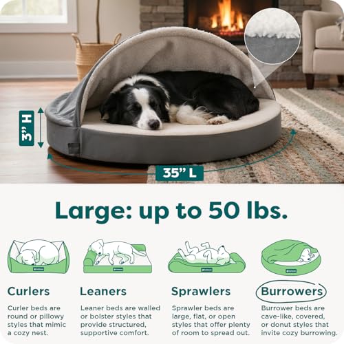 FurHaven 35"D x 3"H Round Orthopedic Dog Bed for Large Dogs with Egg Crate Base and Snuggery Hood, Gray