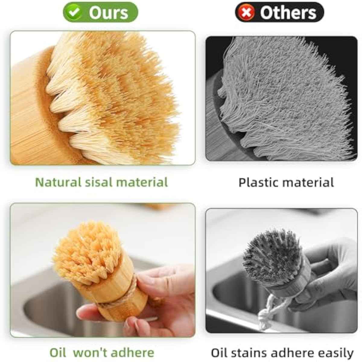 SUBEKYU Bamboo Dish Scrub Brush with Sisal Bristles for Natural Kitchen Cleaning