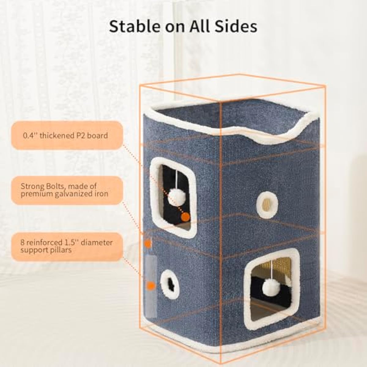 Cat House, Cat Beds for Indoor Cats, 2-Story Cat Condo Cube with Scratch Pad and Fluffy Ball Hanging, Multi-Level Cozy Hideout Ideal for Multiple Cats