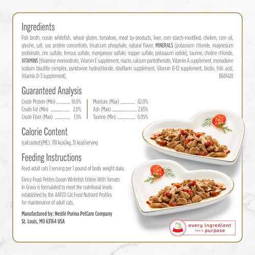 Purina fancy feast petites ocean whitefish entree with tomato in gravy gourmet wet cat food pack of 12 2.8 oz tubs