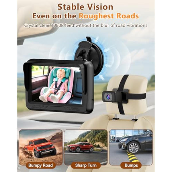 Rohent HD 1080P rear-facing baby car camera with 150° wide-angle lens, night vision, and adjustable display