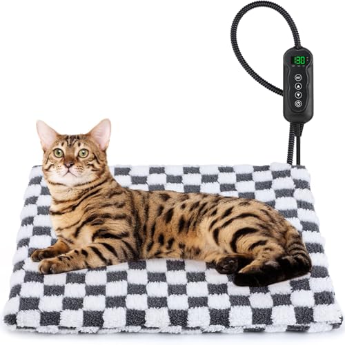 MIXJOY 18''x16'' Small Heated Cat Bed with 11 Adjustable Temperature and Timer, Electric Pet Heating Pad for Cats and Dogs