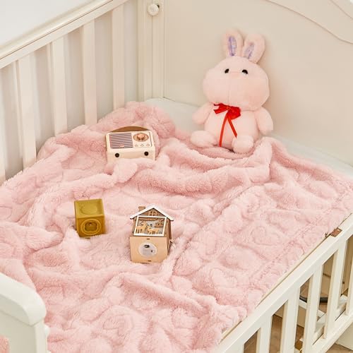 yurhap fleece baby blanket heart checkered ultra soft cozy for girls boys, 30”x40” light pink