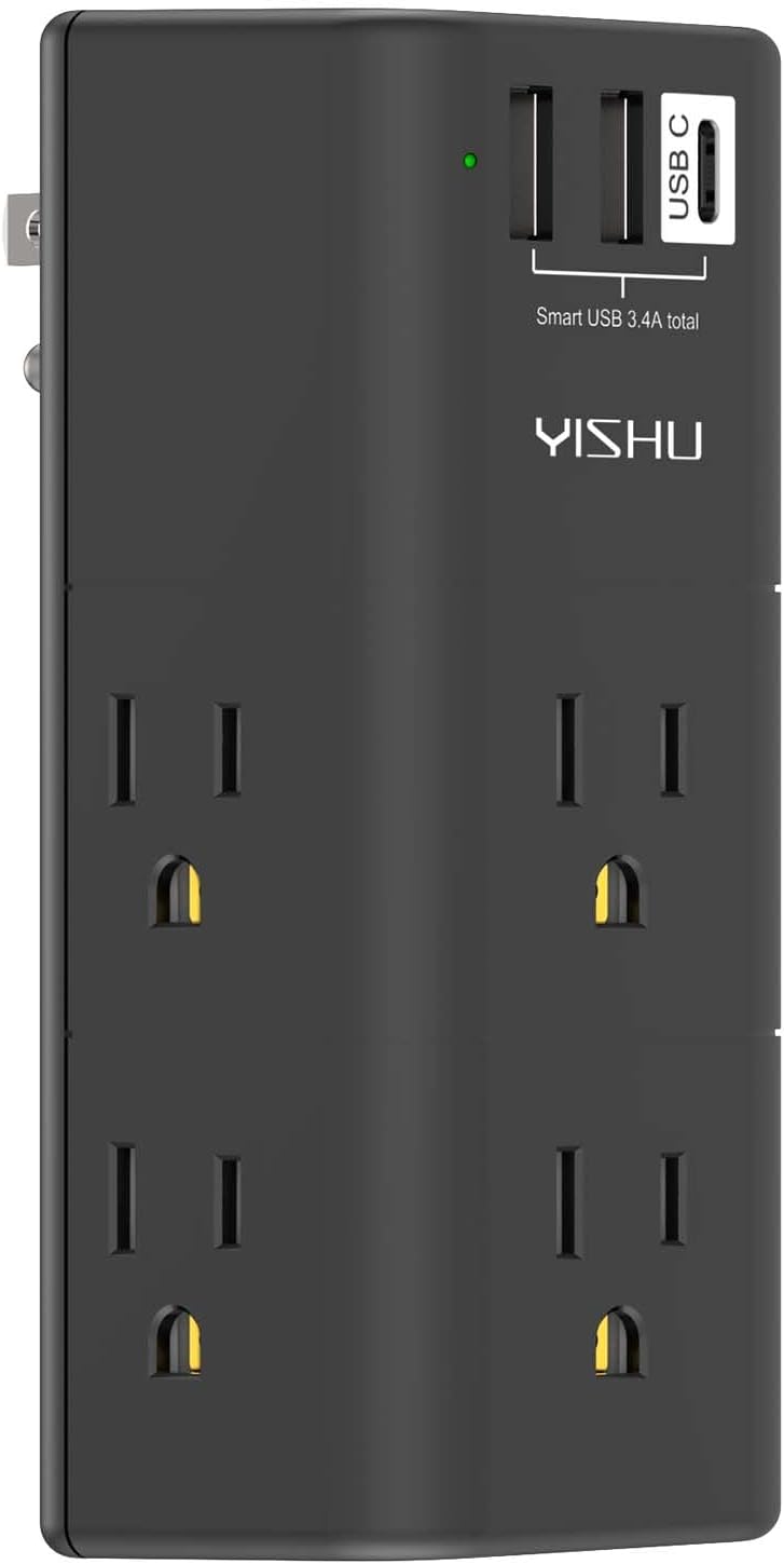 USB Multi Plug Outlet Extender - YISHU Surge Protector with Rotating Plug, 6 AC Plug Extender with 3 USB Ports, 3-Sided Swivel Power Strip Best Ideal Stocking Stuffers for Adults