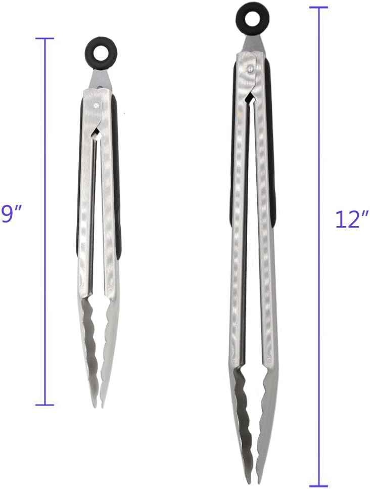 304 Stainless Steel Kitchen Cooking Tongs, 9" and 12" Set of 2 Sturdy Grilling Barbeque Brushed Locking Food Tongs with Ergonomic Grip, Black