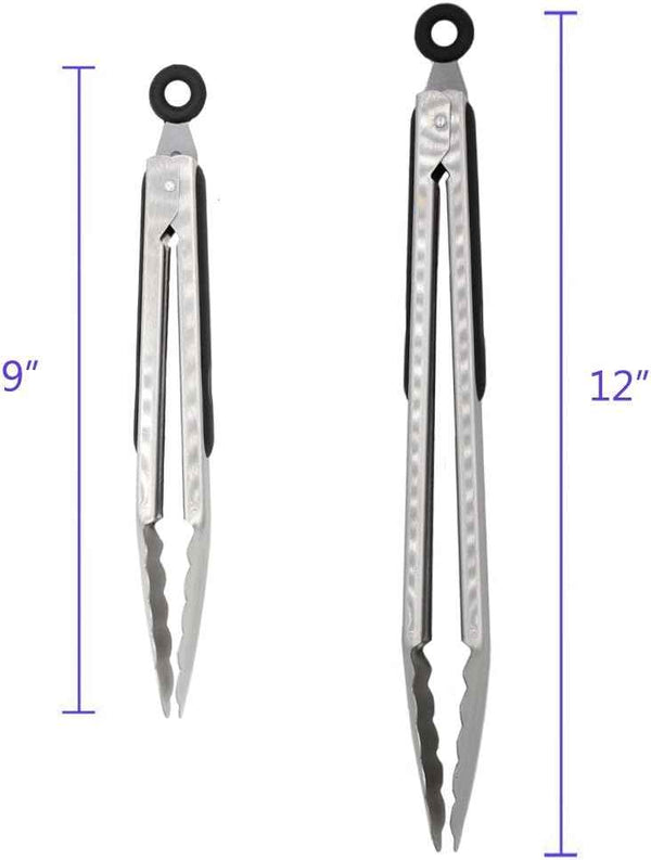 304 Stainless Steel Kitchen Cooking Tongs, 9" and 12" Set of 2 Sturdy Grilling Barbeque Brushed Locking Food Tongs with Ergonomic Grip, Black