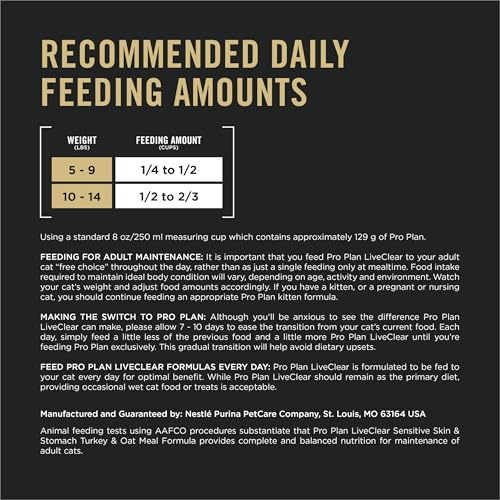 Purina Pro Plan Allergen Reducing, Sensitive Skin & Stomach, High Protein Cat Food, LIVECLEAR Turkey and Oatmeal Formula - 3.2 lb. Bag
