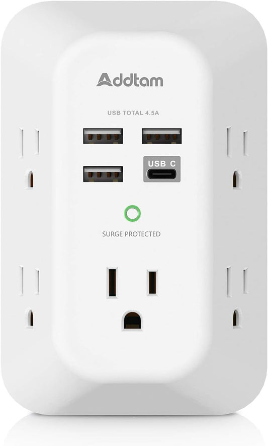 Addtam USB Wall Charger Surge Protector 5 Outlet Extender with 4 USB Charging Ports (1 USB C Outlet) 3 Sided 1800J Power Strip Multi Plug Outlets Wall Adapter Spaced for Home Travel Office ETL Listed