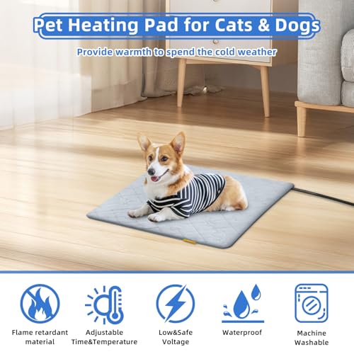 Pet Heating Pad for Cats Dogs Electric Heated Bed Waterproof Warming Mat Indoor Outdoor Chew Resistant Cord Adjustable 5 Timer and 6 Level Temperature for Pets Puppy Animals-17.7x17.7in