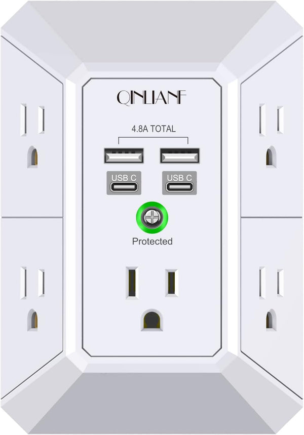 Qinlianf Wall Charger 5 Outlet Extender with 4 USB Charging Ports 3-Sided Power Strip Multi Plug Adapter 3U1C