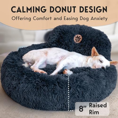 petjett calming dog bed medium size donut bed anti-slip washable plush round bed dark grey 30 inches