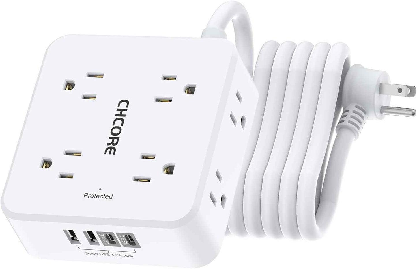Surge Protector Power Strip - CHCORE 5Ft Braided Extension Cord with 8 Outlets with 4 USB (2 USB C) Charging Ports, Flat Plug Multi Plug Outlet Extender Charging Station for Home Office, ETL, White