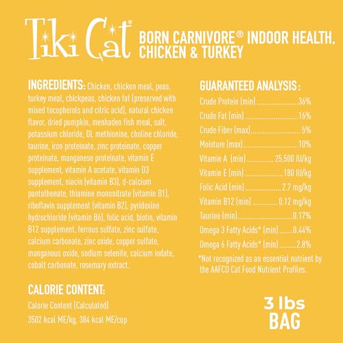 Tiki Cat Born Carnivore high protein dry cat food, 3 lb bag, grain-free baked kibble