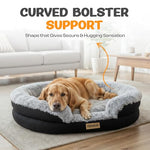 Fluffy orthopedic dog bed for large & extra large dogs with curved bolster support and egg-crate foam base, 43" gray oval pet donut bed with washable cover