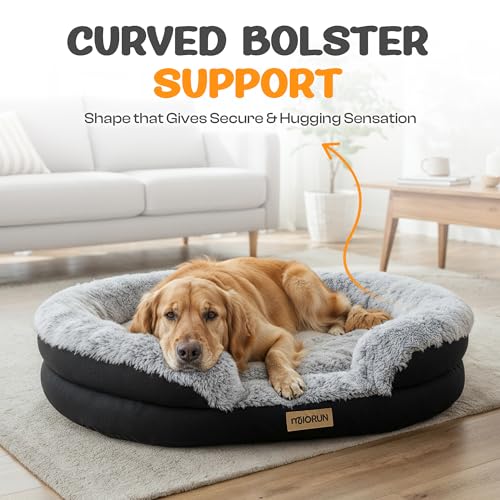 Fluffy orthopedic dog bed for large & extra large dogs with curved bolster support and egg-crate foam base, 43" gray oval pet donut bed with washable cover