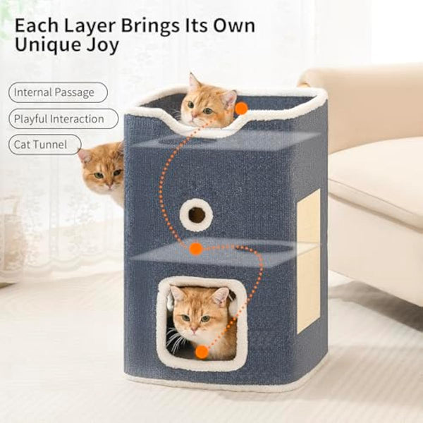 Cat House, 2-Story Cat Condo Cube with Scratch Pad, Fluffy Ball, and Multi-Level Hideout for Multiple Cats