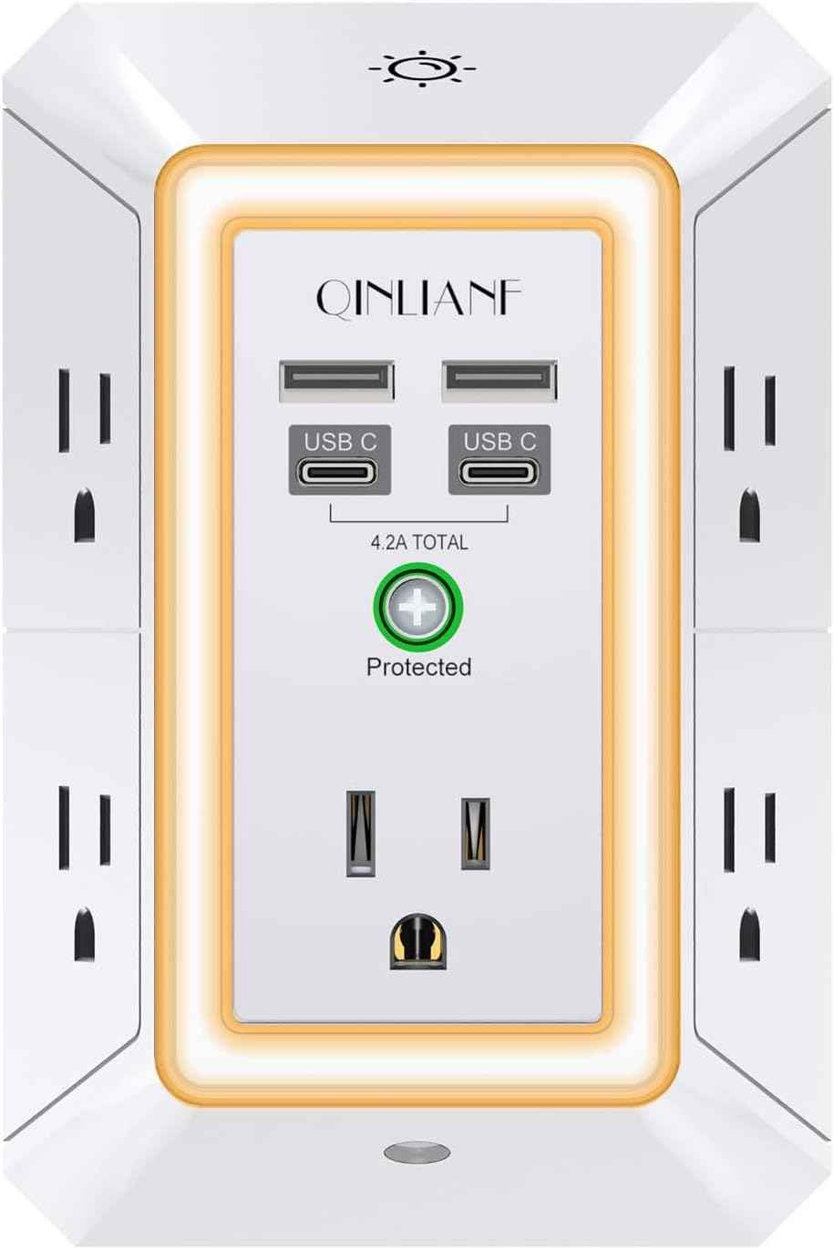 Wall Charger, Surge Protector, QINLIANF 5 Outlet Extender with 4 USB Charging Ports (4.8A Total) 3-Sided 1680J Power Strip Multi Plug Adapter Spaced for Home Travel Office (3U1C)