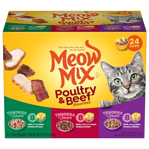 meow mix tenders in sauce wet cat food variety pack poultry beef 2.75 ounce cups 24 count