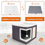 Large Dark Grey cat house with scratch pad and fluffy ball, foldable cat condo hideaway with reversible cushion for multi small pets