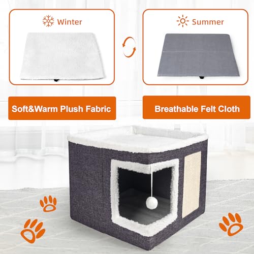 Large Dark Grey cat house with scratch pad and fluffy ball, foldable cat condo hideaway with reversible cushion for multi small pets
