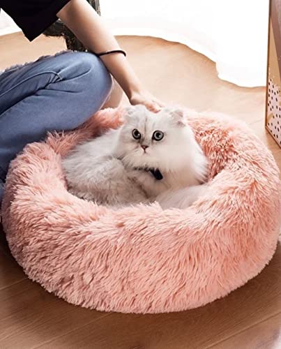 Pink cat bed for indoor cats, dog bed for small dogs, anti anxiety plush faux fur pet bed, 20/24 inches, medium size