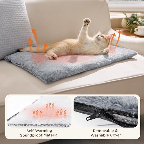 Bedsure Self Warming Cat Bed, Extra Warm Self Heating Mat for Cats & Dogs Non Electric, Anti-Slip Small Thermal Pet Pad Indoor with Removable Washable Cover, 24" x 18",Grey
