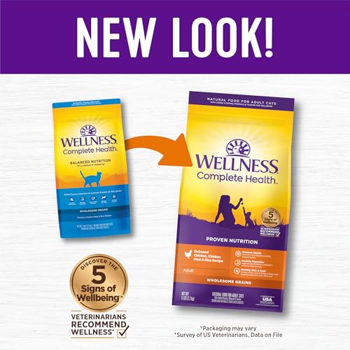 Wellness Complete Health adult dry cat food for indoor and outdoor cats, wholesome grains, natural, chicken and chicken meal, 5-pound bag