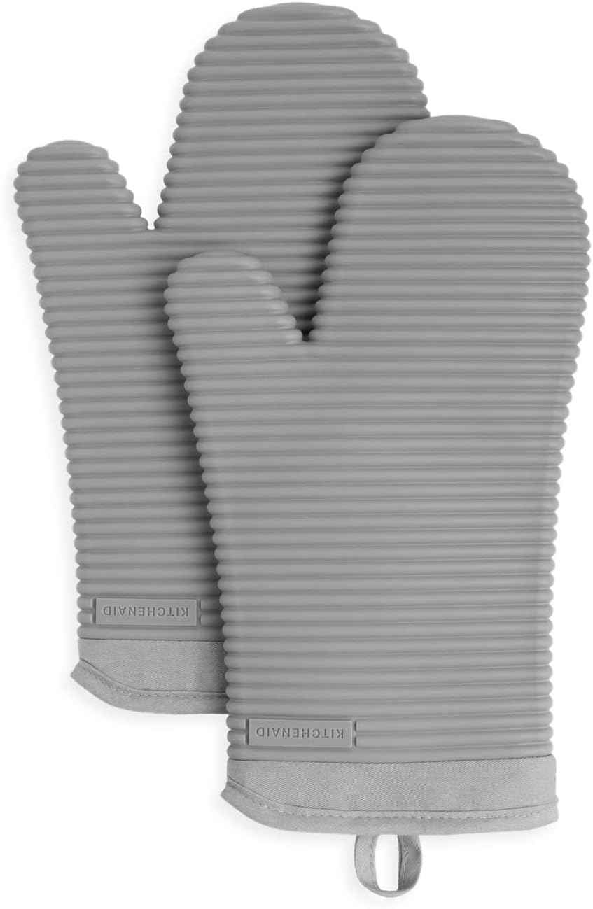 KITCHENAID Ribbed Soft Silicone Oven Mitt 2-Pack Set, 7.5"x13", Milkshake
